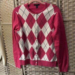 Lands' End Women's Argyle Cardigan - Pink and White